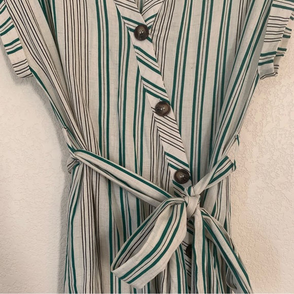 Lulus Green Stripe Linen Slit Button Front Dress Small - Picture 4 of 7